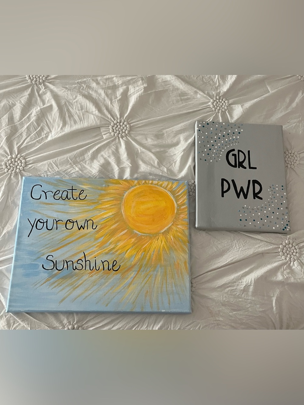 sunshine & GRL PWR wall art set - yellow, blue, and gray canvas duo